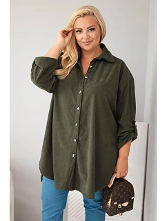 Dámská košile Plus Size z viskózy manšestrová s odepínacími rukávy khaki