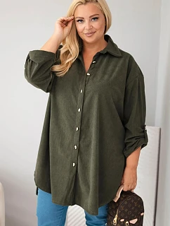 Dámská košile Plus Size z viskózy manšestrová s model 22297046 rukávy khaki - K-Fashion