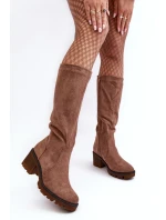 Dámské koleno vysoké kozačky na nízkém podpatku hnědé model 21637892 - Boto