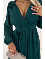 MILA - Zelené dámské šifonové midi šaty s dlouhými rukávy a výstřihem 538-2