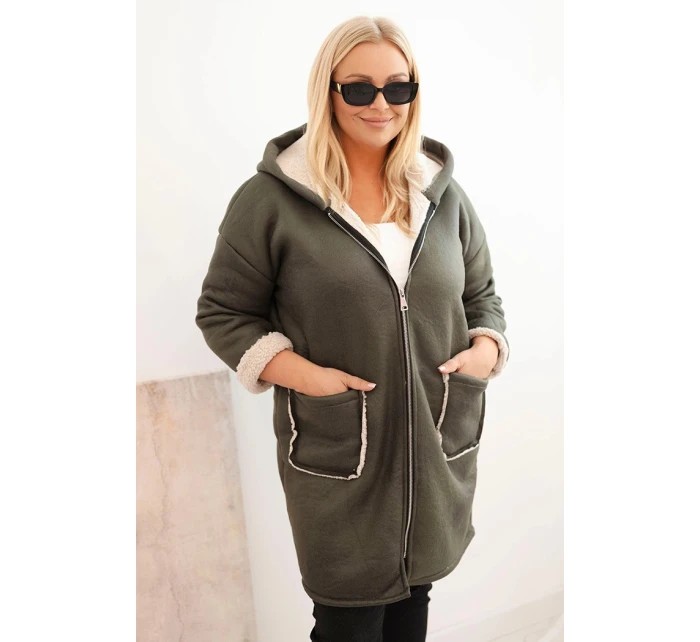 Dámská bunda Plus Size s kapucí a kapsami zateplená model 21439220 khaki - K-Fashion