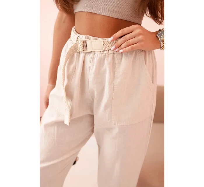 Dámské lněné kalhoty s bavlnou a páskem béžové Dámské lněné kalhoty s bavlnou a páskem béžové