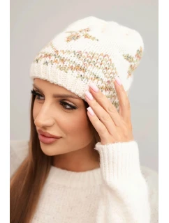 Dámská zimní čepice z vlny a s barevným vzorem model 21753185 ecru - K-Fashion