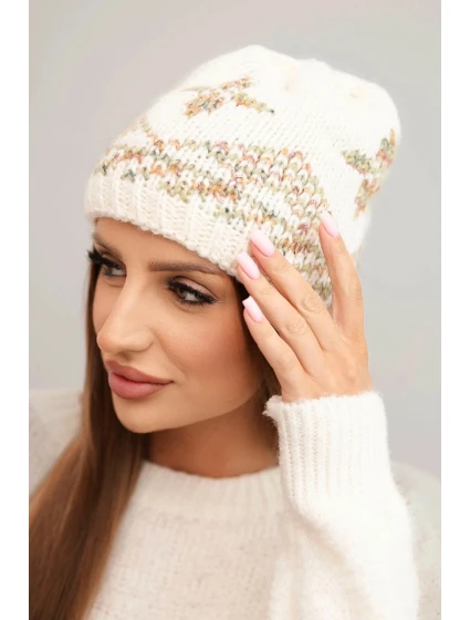Dámská zimní čepice z vlny a s barevným vzorem model 21753185 ecru - K-Fashion