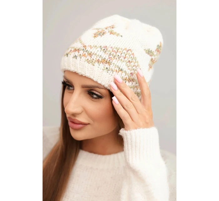Dámská zimní čepice z vlny a s barevným vzorem model 21753185 ecru - K-Fashion