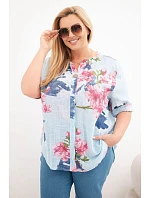 Dámská bavlněná halenka Plus Size s výstřihem do V s květinovým vzorem modrá