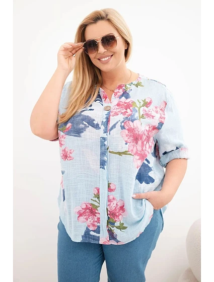 Dámská bavlněná halenka Plus Size s výstřihem do V s květinovým vzorem modrá