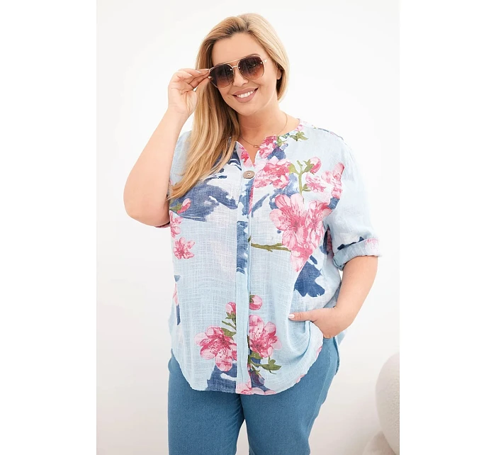 Dámská bavlněná halenka Plus Size s výstřihem do V s květinovým vzorem modrá