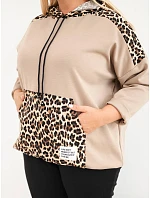 Dámská mikina Plus Size z viskózy s kapucí a leopardími vsadkami camelová Dámská mikina Plus Size z viskózy s kapucí a leopardími vsadkami camelová
