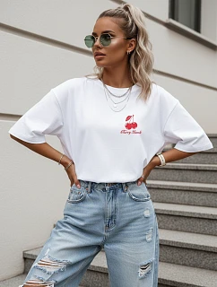 Dámské tričko oversize s potiskem Cherry Bomb, bílé, FashionStreet NX9507RY