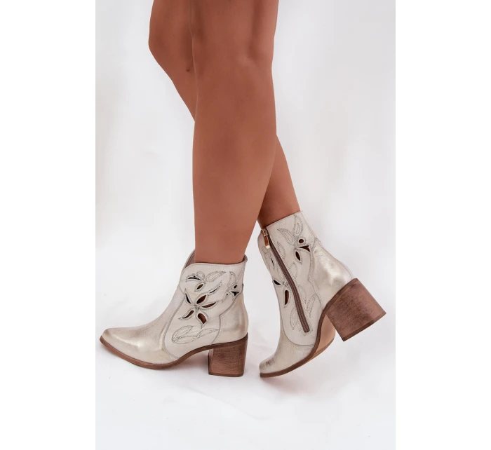 Dámské kotníky s otevřenou síťovinou z přírodní kůže na podpatku Zazoo 3690 zlaté popraskané