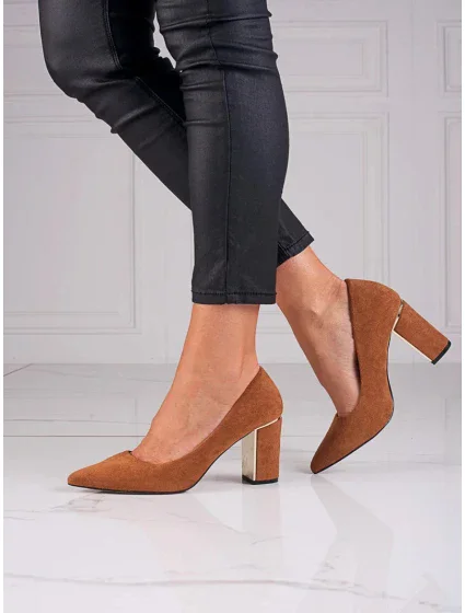 Dámské semišové lodičky na sloupkovém podpatku Camel hnědá model 18790082 - Inello