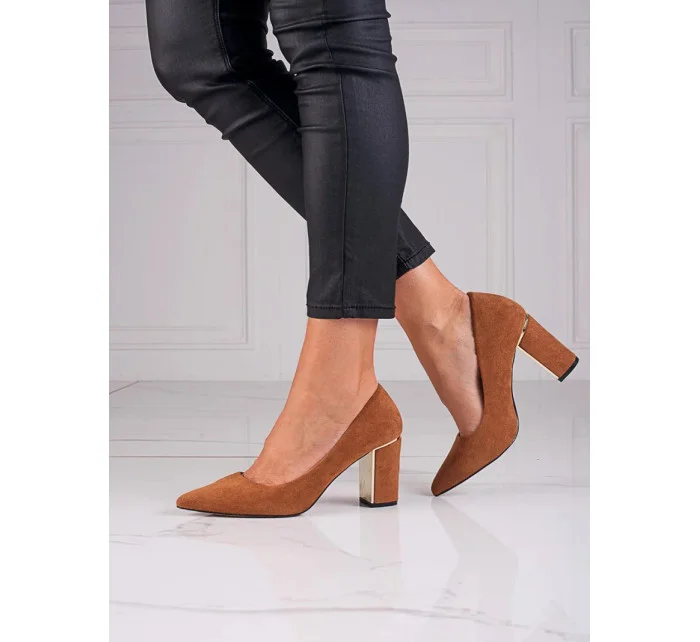 Dámské semišové lodičky na sloupkovém podpatku Camel hnědá model 18790082 - Inello