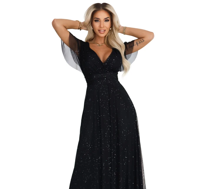 dlouhé lesklé šaty s výstřihem a krátkými rukávy černé model 21413760 - numoco basic