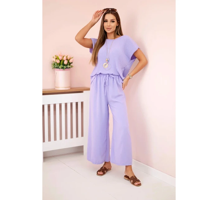 Viskózový komplet plisovaná halenka + kalhoty světle fialová