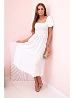 Dámské viskózové šaty s nabíranými rukávy a volánkovým topem ecru