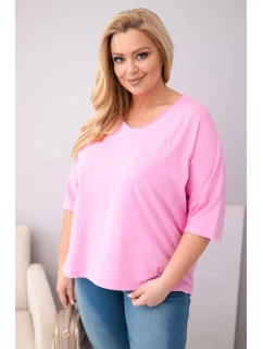 Dámská bavlněná oversize halenka Plus Size s výstřihem do V světle růžová