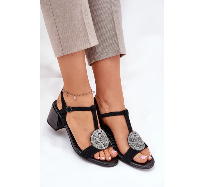 Kožené Sandály Na Podpatku S Ozdobou D&A JC51-842 Černé