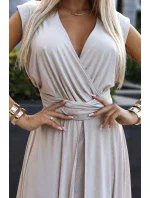 Elegantní béžové dlouhé dámské šaty s brokátem a s model 20110813 - numoco