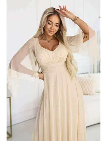 Dlouhé lehké třpytivé šaty s výstřihem a rukávy  barva model 21955156 - numoco basic