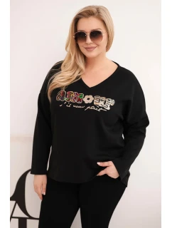 Dámská mikina Plus Size s nápisem a výstřihem do V černá