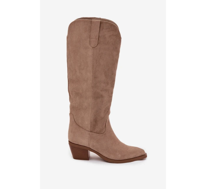 Dámské kozačky cowboy na podpatku z eko semiše béžové Esmira