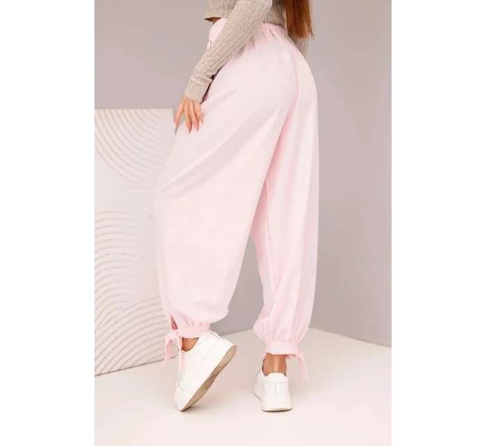 Dámské kalhoty s širokými nohavicemi a zavazováním dole cukrově růžový