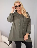 Dámská bavlněná mikina Plus Size s kapucí a pleteným panelem khaki