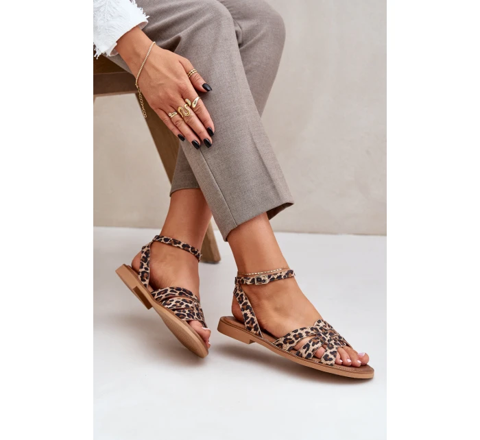 Kožené Dámské Sandály Na Plochém Podpatku Leopardí Zazoo model 21682224 Hnědé - Boto
