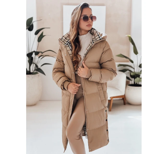 WINTERMISS dámská zimní dlouhá prošívaná bunda s kapucí tmavě béžová FashionStreet TY4966