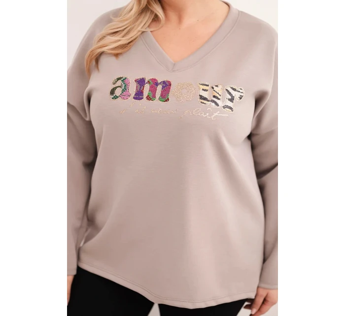 Dámská mikina Plus Size s nápisem a výstřihem do V fango