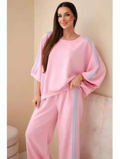 Dámský set viskózový máslový s širokou nohavicí a volnou blůzou světle růžový