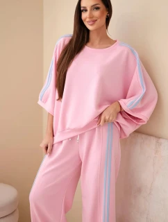 Dámský set viskózový máslový s širokou nohavicí a volnou blůzou světle růžový
