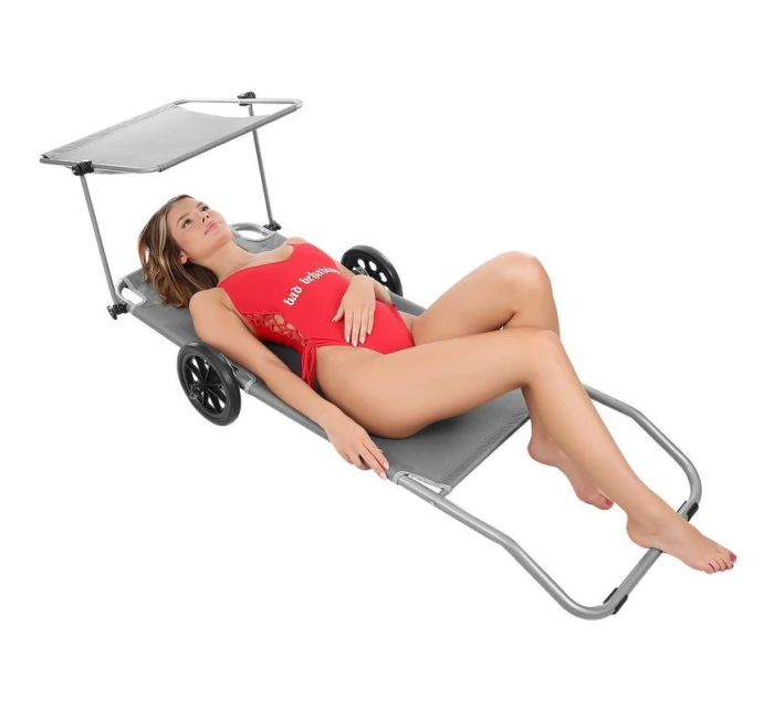 Skládací plážové lehátko se stříškou na kolečkách 116x62x62-90CM šedé Skládací plážové lehátko se stříškou na kolečkách 116x62x62-90CM šedé
