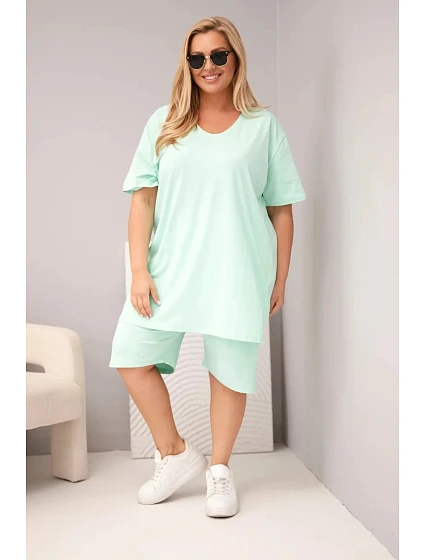 Dámský bavlněný komplet Plus Size s halenkou a šortkami mátový Dámský bavlněný komplet Plus Size s halenkou a šortkami mátový