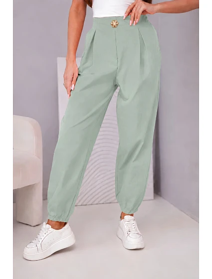 Dámské bavlněné kalhoty s vysokým pasem a ozdobným knoflíkem mátové Dámské bavlněné kalhoty s vysokým pasem a ozdobným knoflíkem mátové