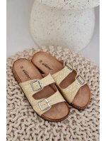 Materiálové pantofle na korkové podrážce s přezkami žluté Atera Materiálové pantofle na korkové podrážce s přezkami žluté Atera