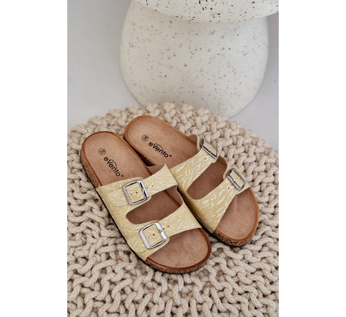 Materiálové pantofle na korkové podrážce s přezkami žluté Atera Materiálové pantofle na korkové podrážce s přezkami žluté Atera