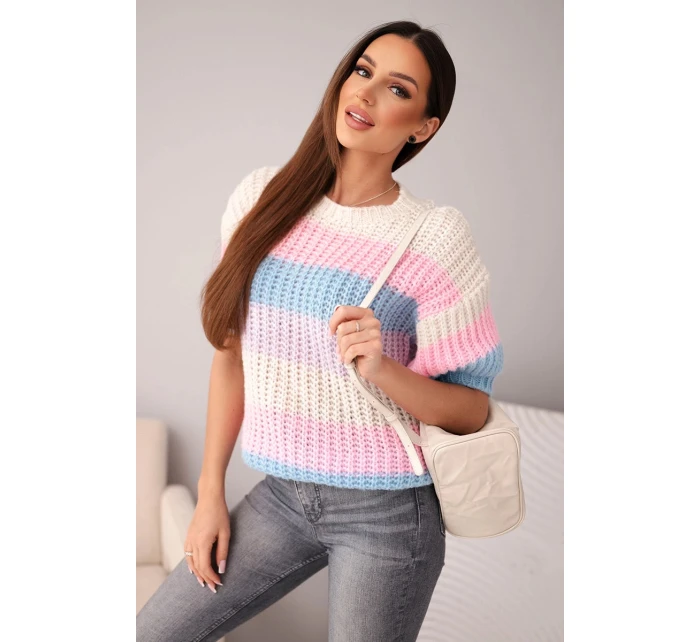 Dámský svetr s krátkým rukávem v barevných pruzích a otvoreným vzorem béžový