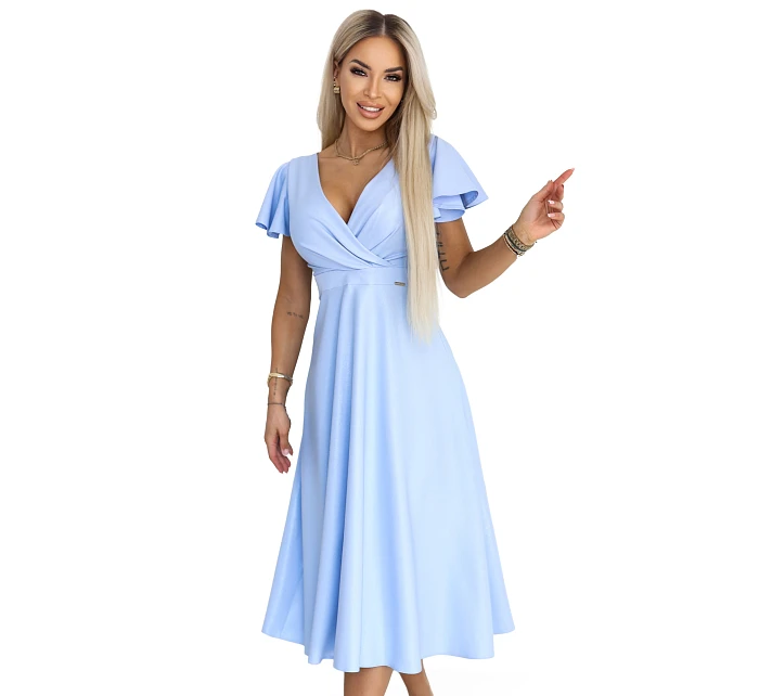 675-1 Midi šaty Blinky s obálkovým výstřihem a brokátovými třpytkami - modré