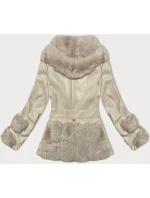 Dámská bunda z ekokůže v barvě ecru s límcem l 21248890 - WAY MODE