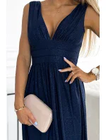 490-1 SUSAN Dlouhé brokátové šaty s výstřihem a prošíváním v pase - ZELENÉ