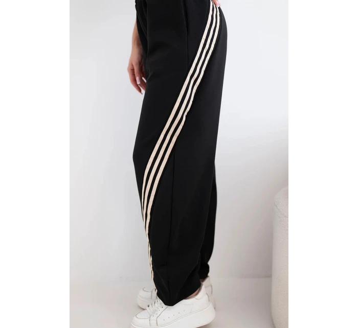 Dámské máslové kalhoty z viskózy s lampasem černé + béžové