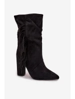 Darlina dámské boty na podpatku s třásněmi a mačkáním zateplené černé