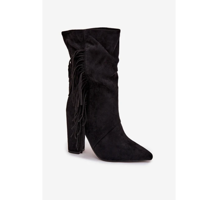 Darlina dámské boty na podpatku s třásněmi a mačkáním zateplené černé