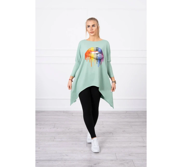 Oversize halenka s potiskem duhových rtů tmavě mátová