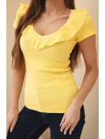 Dámská bavlněná blůza s dlouhým rukávem a lodičkovým výstřihem musztardová