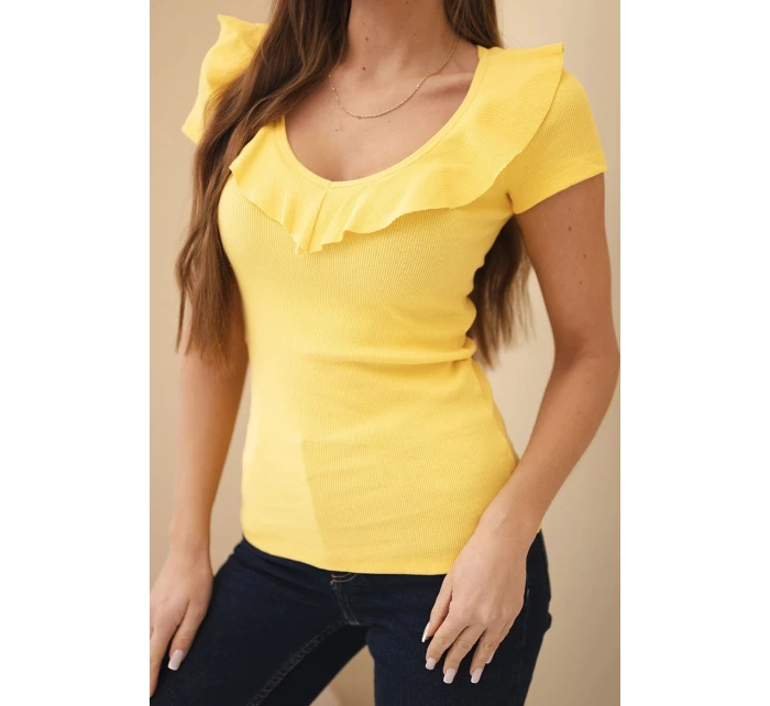 Dámská bavlněná blůza s dlouhým rukávem a lodičkovým výstřihem musztardová