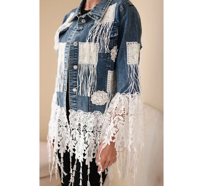 Dámská džínová bunda bavlněná s třásněmi a krajkou v boho stylu tmavě džínová