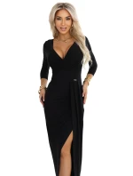 404-13 Elegantní dlouhé šaty s obálkovým výstřihem a rozparkem - černé 404-13 Elegantní dlouhé šaty s obálkovým výstřihem a rozparkem - černé